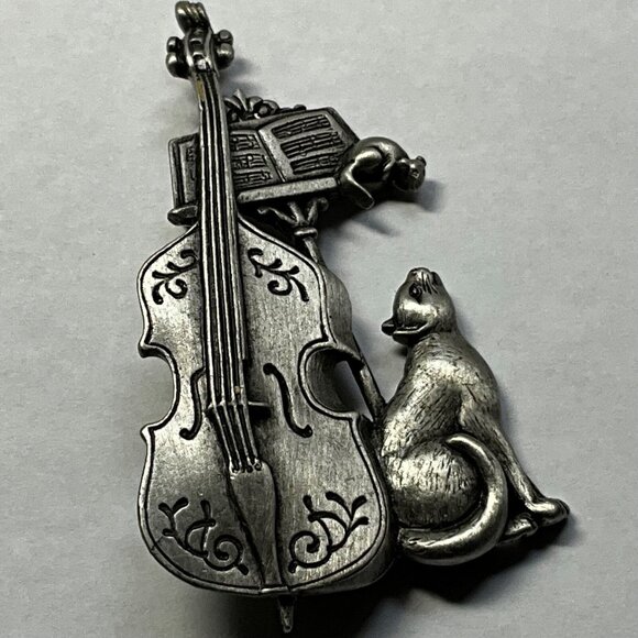 JJ Jonette Brooch Cello Cat & Mouse Pin Cellist Orchestra Music Gift Idea - Picture 2 of 3
